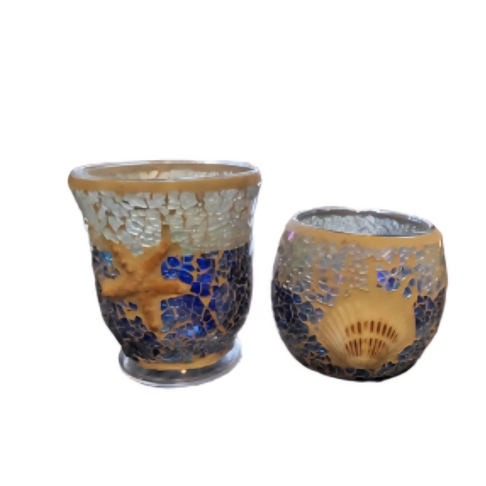 Mosaic Glass Candle Holders with Starfish and Shell Design